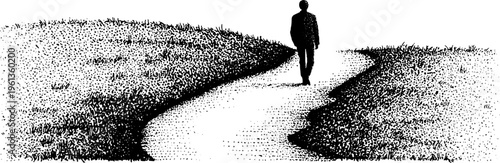 Stippled walking silhouette on a winding path in black and white landscape for contemplative background banner or poster design