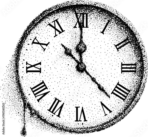 Black and white melting clock with glitchy dissolving edge for background poster and design conveying time distortion and temporal decay