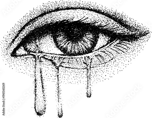 Black and white stippled eye with dripping tears for background poster and design emphasizing emotion and expressive dotted texture