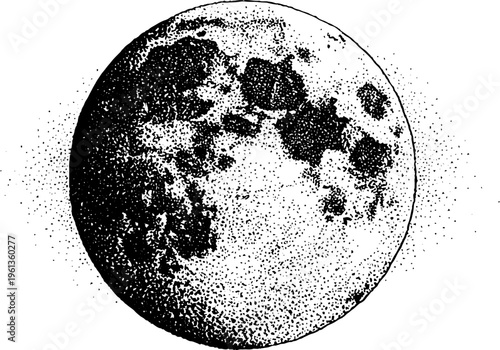 Detailed stippled full moon artwork in black and white with crater texture for lunar background and astronomy poster design