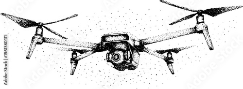 Stippled black and white quadcopter drone low angle view with extended arms and spinning propellers for technical poster and background design