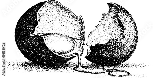 Black and white stippled cracked egg with yolk spilling for vintage tattoo design background poster and engraving artwork