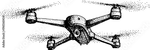 Stippled black and white quadcopter drone with spinning propellers for industrial design background and technical banner