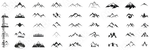 Peak Logo Mountain Icon Vector Set with Mountain Silhouettes for Logo Design, Hiking Travel Illustration, Rocky Hills Terrain and Landscape Elements on Transparent Background