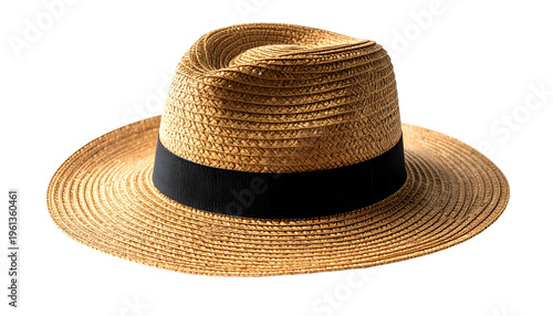 A light brown woven fedora hat with a black band, isolated on a black background