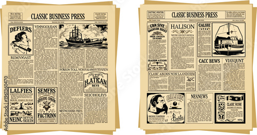Vintage Newspaper Front Page Icon Set Featuring Classic Headlines, Illustrations, and Historical News for Retro Design Projects