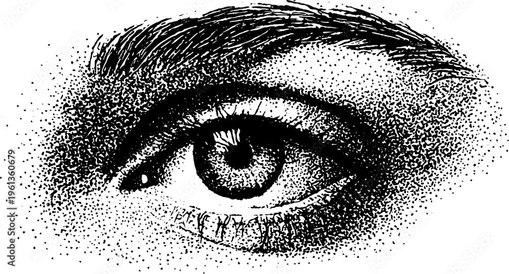 Fototapeta premium Closeup eye with precise eyeliner tip and black and white stippling for makeup design background and tattoo reference