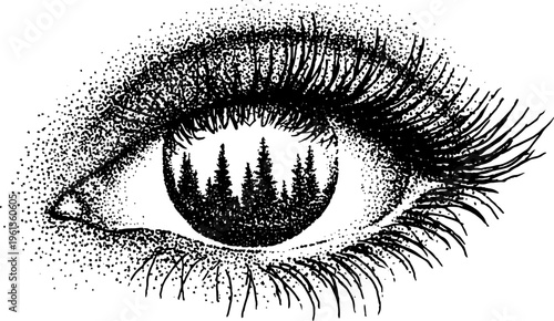 Black and white stippled eye with conifer silhouettes in the pupil and long lashes for surreal nature background and poster design