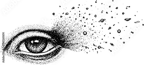 Monochrome eye with galaxy spiral exploding outward in stippling style for surreal banner and background design