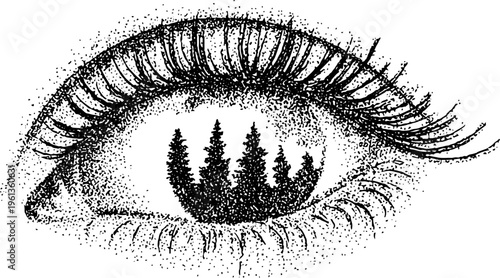 Black and white stippled eye with tree silhouettes rising from the iris for surreal nature background and poster design