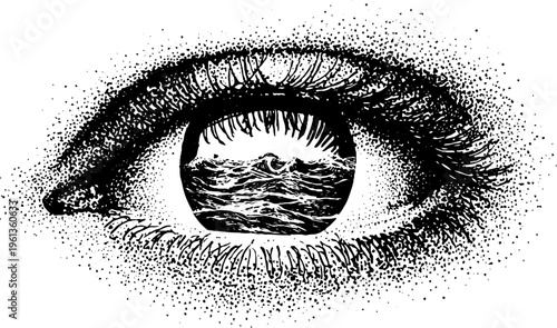 Stippled eye with seascape inside the pupil and lashes in black and white for surreal background and poster design
