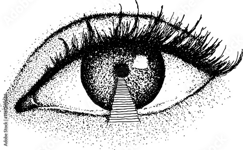 Black and white stippled eye with a descending staircase inside the pupil for surreal poster and background design