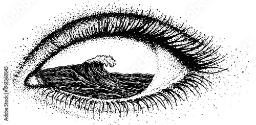 Black and white eye with ocean waves inside the iris in stippling technique for nautical poster and background design