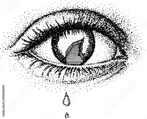 Black and white stippled eye with a descending staircase inside the pupil and single tear for surreal poster and background design