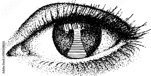 Black and white eye with descending staircase inside the pupil for surreal background and poster design