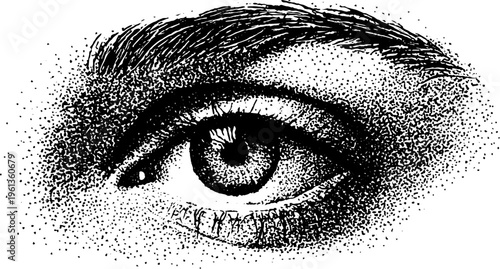 Closeup eye with precise eyeliner tip and black and white stippling for makeup design background and tattoo reference