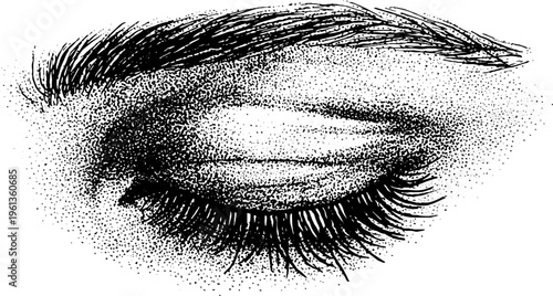 Closed eye eyelid with precision stippling and detailed eyelashes in black and white for cosmetic or beauty background and fine art design