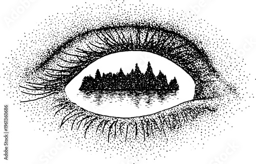 Surreal eye shaped lake landscape with island reflection in black and white stippling for poster background and surrealism design