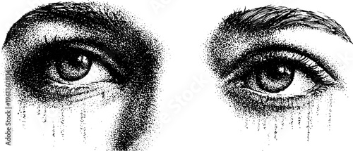 Stippled human eyes merging with digital code rain in black and white for poster background and graphic design