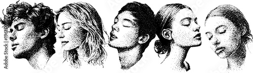 Row of stippled portrait profiles with face recognition grid overlay in black and white for editorial layout and banner design