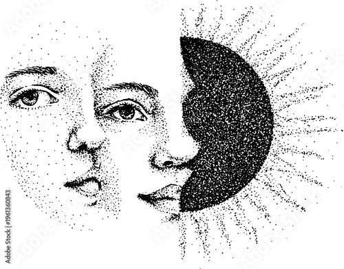 Dual face merged with sun and moon black and white stippling for celestial background or mystical tattoo and occult design