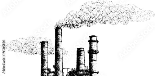 Industrial smokestacks emitting smoke plume in black and white stipple composition for environmental awareness poster and background design