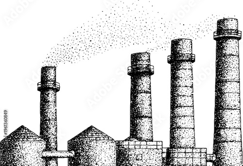 Industrial factory smokestacks and pipelines silhouette in black and white stipple style for environmental poster background and editorial layout
