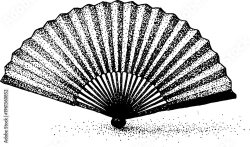 Black and white stippled folding hand fan with radial ribs and pleats for decorative background and pattern design