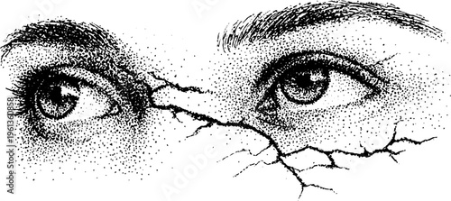 Cracked human face revealing inner light black and white stipple portrait for poster background and surreal editorial design