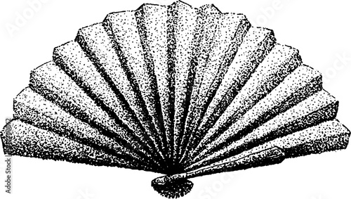 Black and white folding hand fan with radial ribs and stipple texture for vintage background and banner design