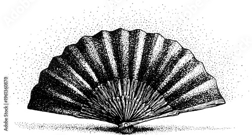 Black and white stippled hand fan with scalloped edge and radial ribs for decorative background and surface design