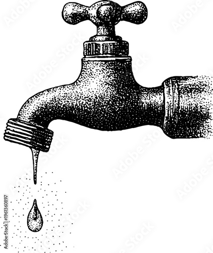 Closeup black and white dripping faucet with elongated droplet and stipple texture for plumbing poster or background design
