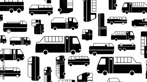 Assorted bus and van silhouettes on white background, no seamless