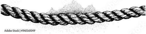 Twisted rope closeup with detailed stippling texture in black and white engraved style for nautical background, pattern, and texture design
