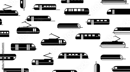 Tram silhouettes forming repeating pattern on white background, no seamless