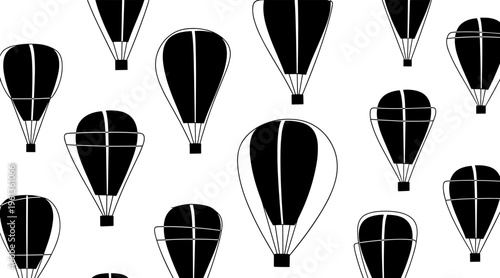 Hot air balloons floating in repeated pattern on white background, no seamless