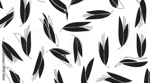 Leaf and blade shapes scattered in abstract botanical pattern, no seamless