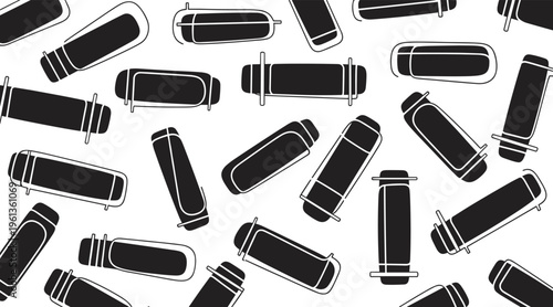 Cylindrical bottles scattered across white seamless pattern, no seamless