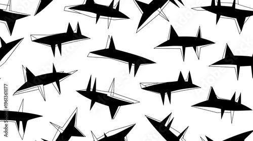 Abstract shark shapes scattered across white seamless background, no seamless