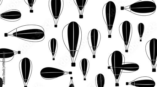 Hot air balloons floating scattered on white seamless background, no seamless