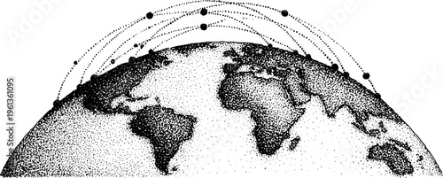 Stippled world globe with arcing flight paths and satellite nodes in black and white for background and poster design