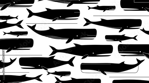 Sperm whales in repeating horizontal pattern on white background, no seamless