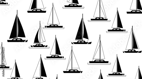 Sailboats sailing in repeating pattern on white background, no seamless