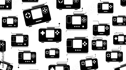Retro handheld game consoles repeating pattern on white background, no seamless