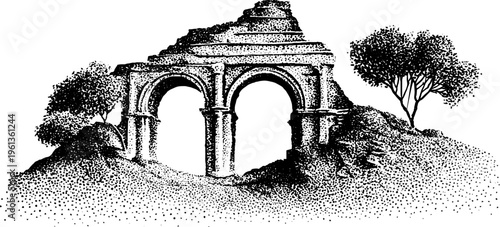 Ruined arch and flying buttress exterior support sketch in black and white stippling for architectural background and historical design