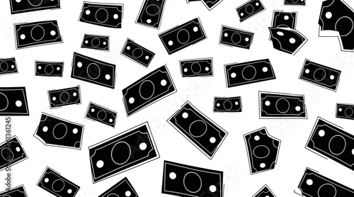 Banknote illustrations scattered across white patterned background, no seamless