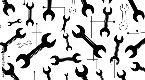 Wrench icons scattered and rotated in mechanical pattern on white, no seamless