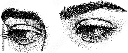 Pair of detailed female eyebrow and eyelash eye studies in black and white stipple engraving for cosmetic or editorial background and design