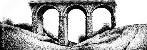 Stone flying buttress arch exterior support structure in black and white stipple engraving for architectural background or poster design