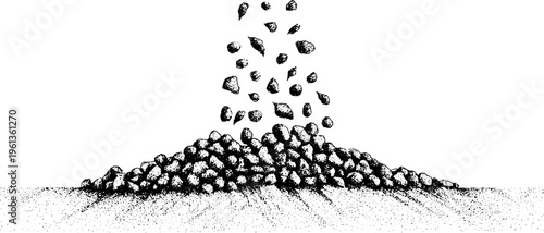 Falling pebbles and small stone pile in black and white stipple engraving for texture background and natural element study